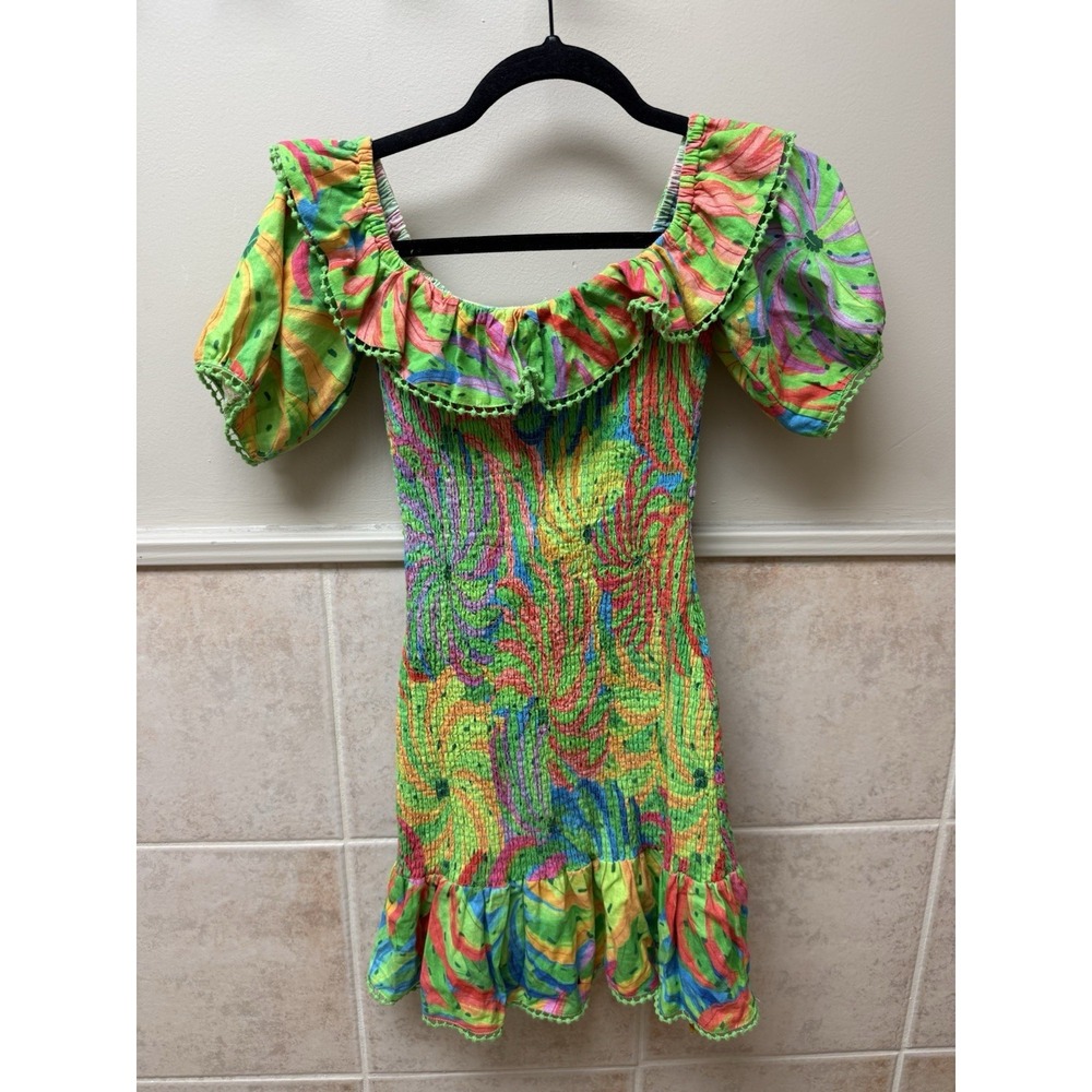 FARM Rio Neon Banana Print Off Shoulder Puff Sleeve Smocked Mini Dress XS - Picture 5 of 9